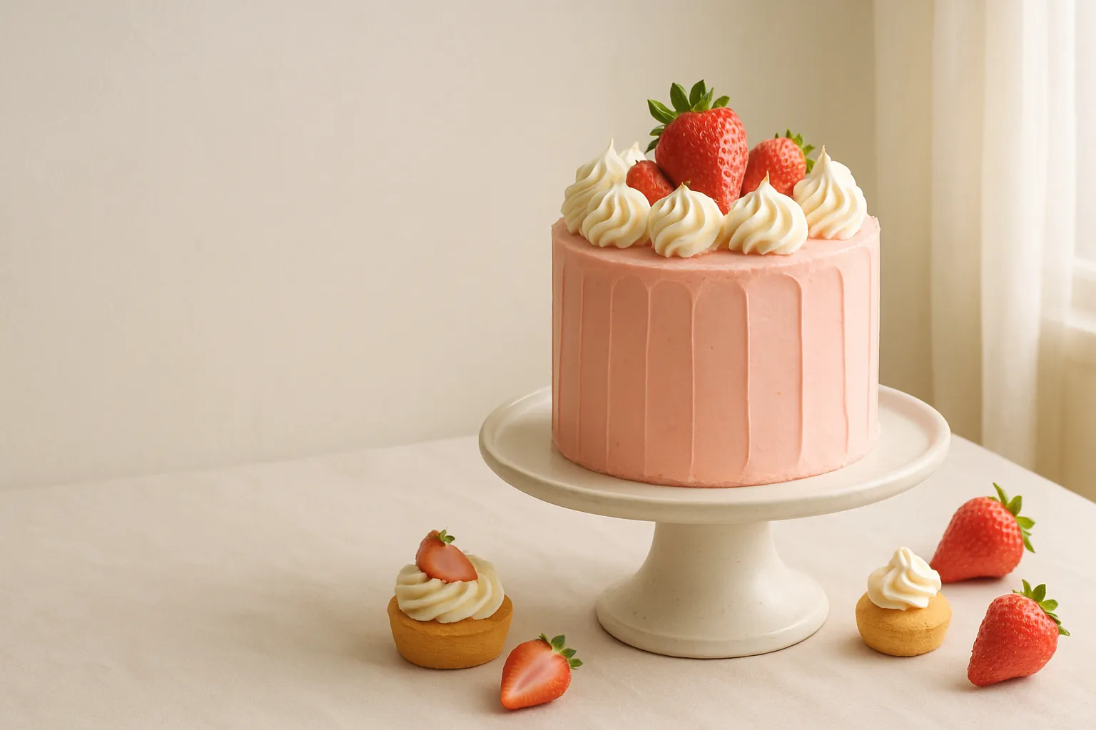 Handmade pastel cakes topped with fresh strawberries
